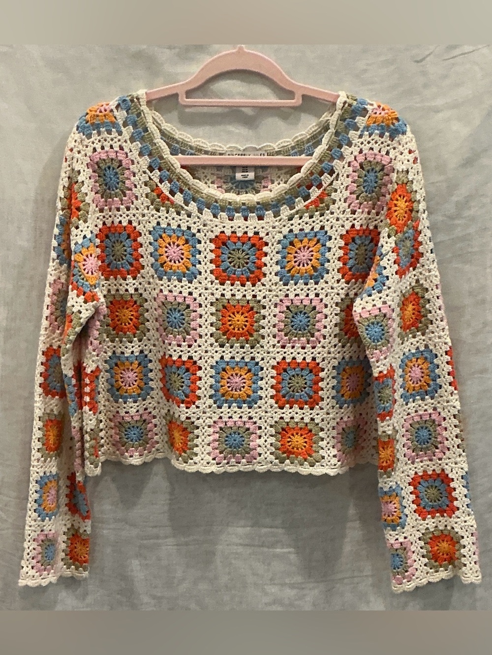 Sincerly Jules Cream Crochet Granny Square Crop Top with Multicolor Accents